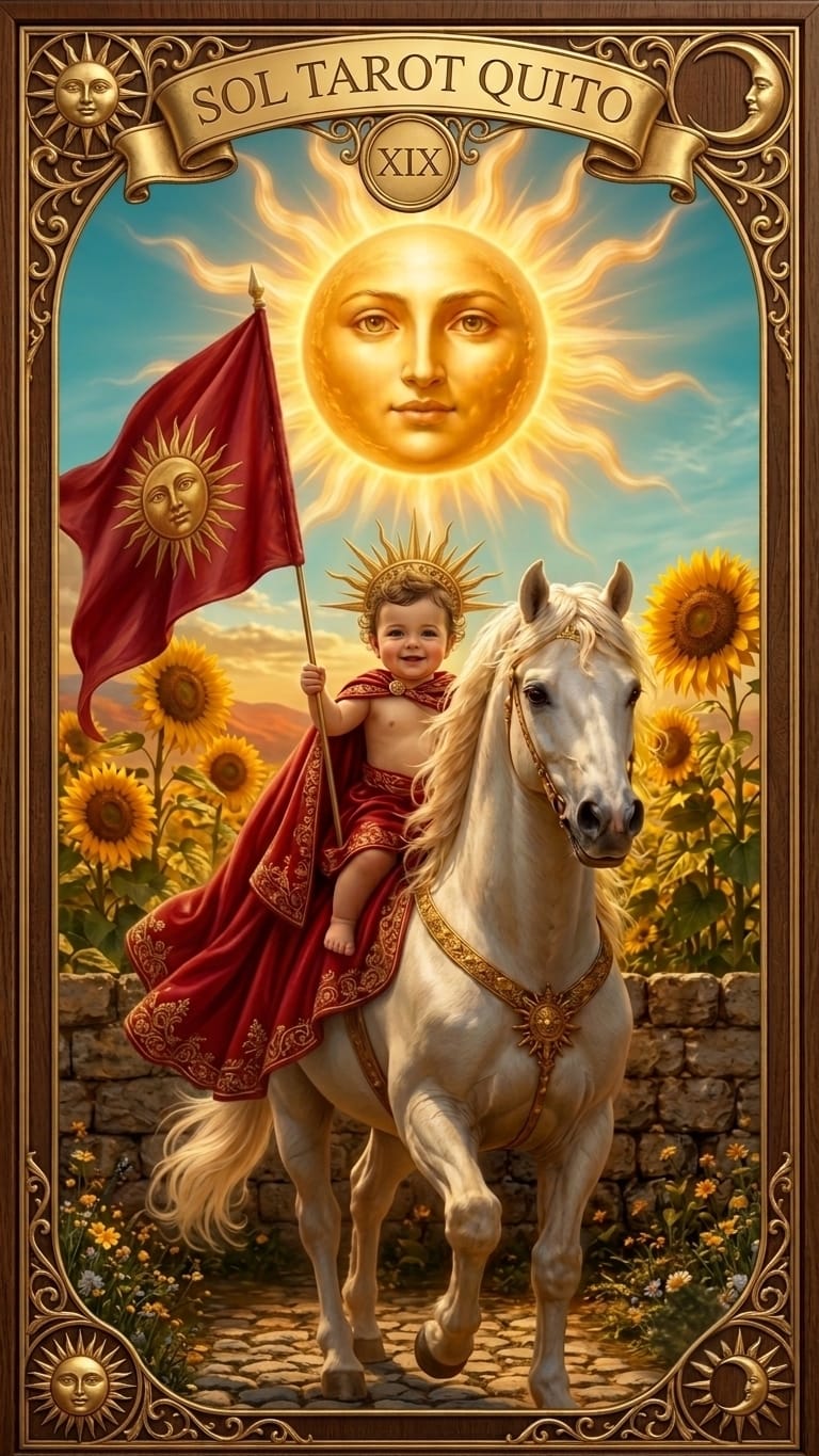 Sol Tarot Quito · La carta del Sol con niño, caballo blanco, girasoles y bandera