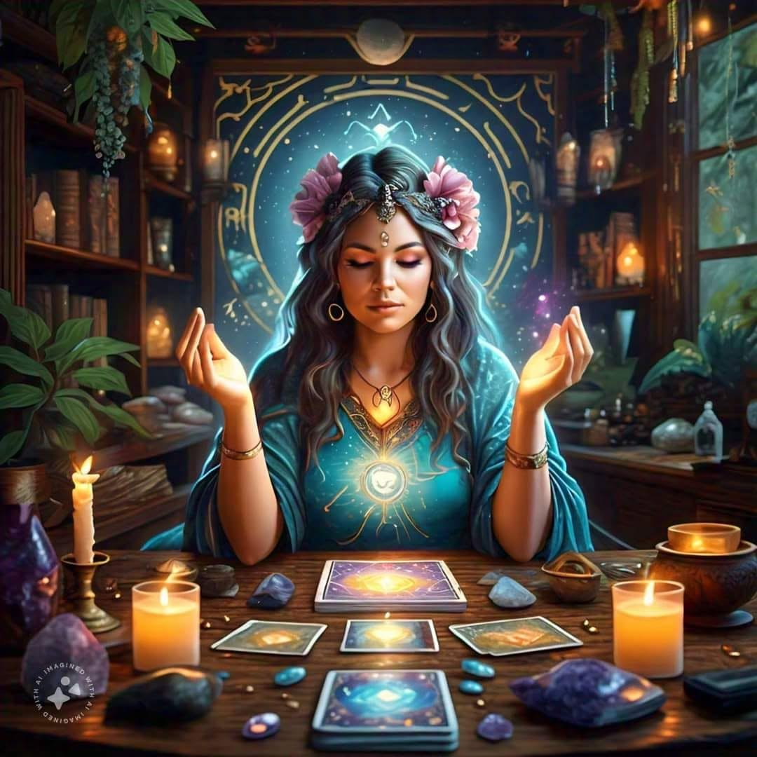 Lectora mística en meditación con cartas del tarot iluminadas